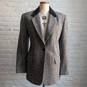 Vintage Gray Wool Blazer Tweed Herringbone Preppy Minimalist Velvet Jacket Large